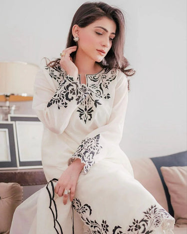 Attractive Cream Cotton Embroidery Work Suit With Dupatta